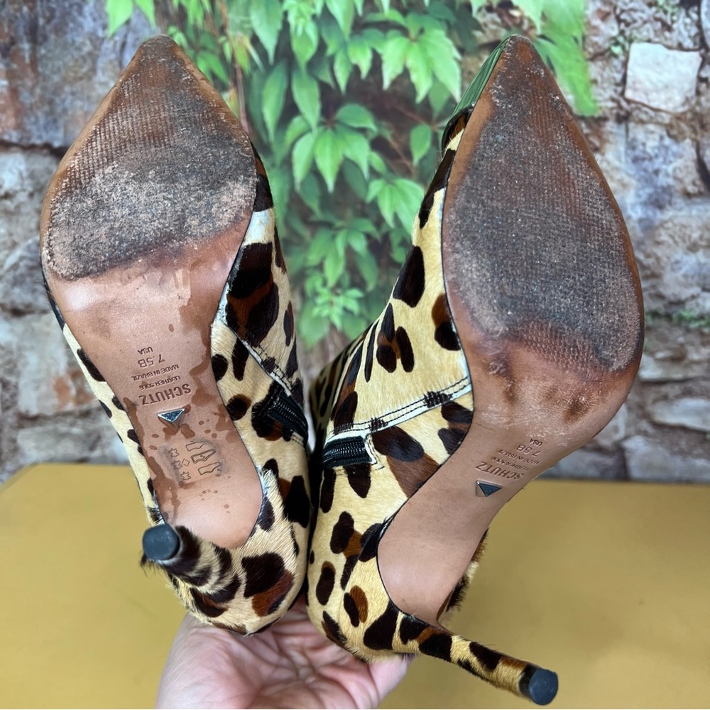 SCHUTZ Leopard Print Calf Hair Stiletto Cap Toe Boots, 7.5B - Picture 9 of 15